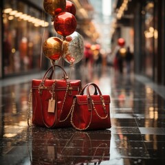 red handbags and balloons on a rainy wet day, on a high street, generative ai 
