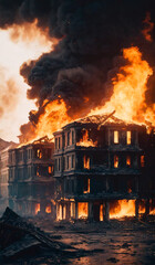 Burning old house in the city. Fire in the city. The concept of the consequences of war