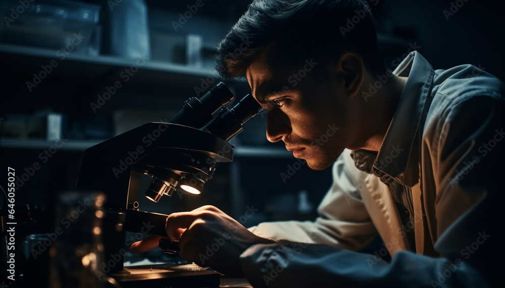 Poster expert scientist analyzing machinery in dark laboratory with selective focus generated by ai