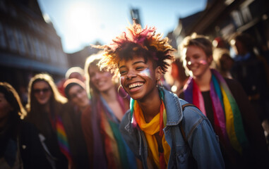 A young lesbian with friends at a gay pride parade. Laughing and enjoying themselves. Walking on the streets. Equality. Social Justice. Equal Rights.