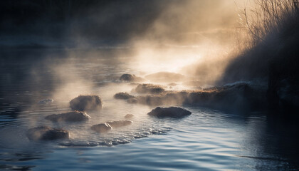 Tranquil seascape water flowing over rocks, reflecting blue autumn sky generated by AI