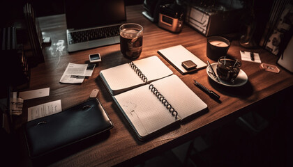 Modern office desk with computer, documents, and coffee cup generated by AI