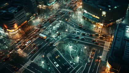 Fototapeta na wymiar Blurred motion illuminates modern city skyline during rush hour traffic generated by AI