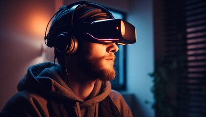 Young adult males enjoy wireless technology and virtual reality simulator generated by AI