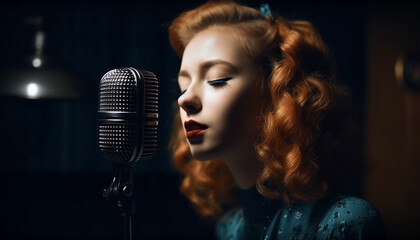 Young adult female singer performs on stage with elegance and sensuality generated by AI