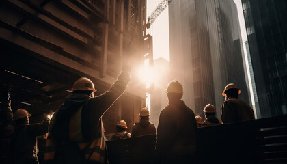 Construction team in hardhats plan skyscraper at sunset with expertise generated by AI