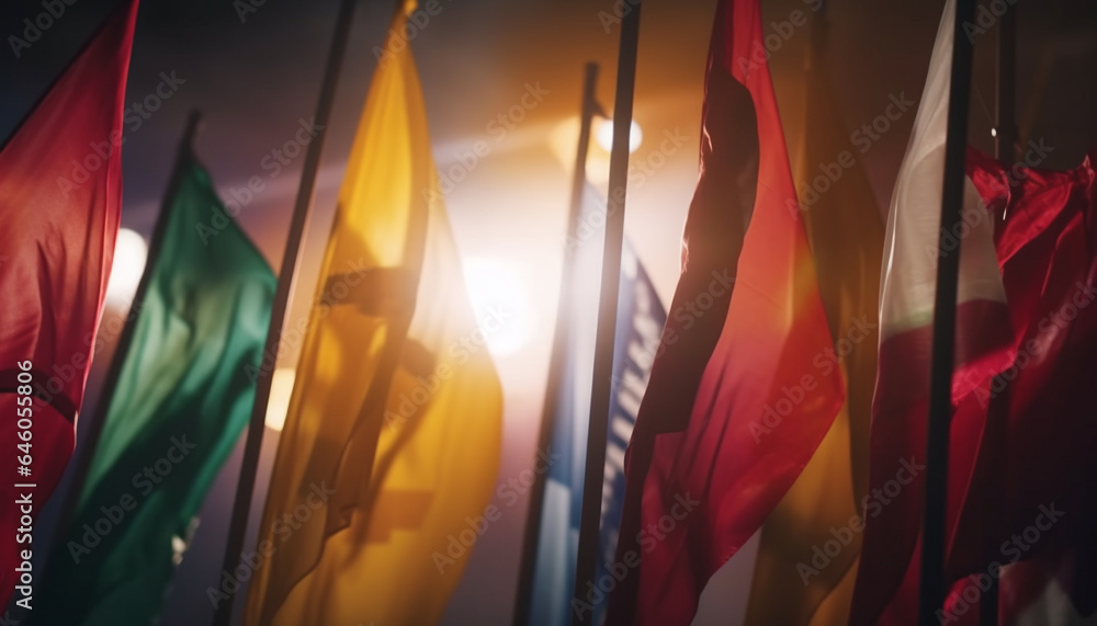 Poster vibrant colors illuminate abstract patterns on shiny backdrop, defocused motion generated by ai