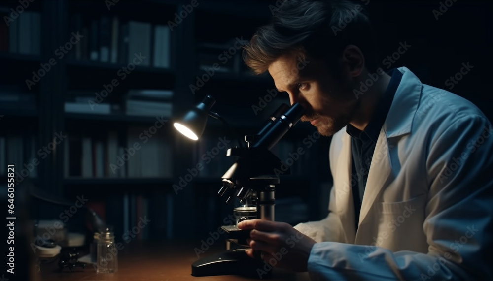 Aufkleber one scientist examining magnification, analyzing biochemistry with expertise generated by ai