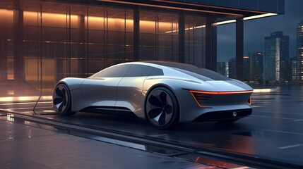 Obraz premium A futuristic electric car plugged into a sleek and efficient charging station