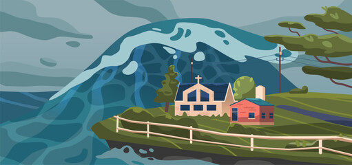 Fototapeta premium Tsunami Wave Mercilessly Swallows A Serene Countryside Area On Shore With Church And Cottage House, Vector Illustration