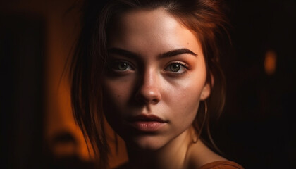 Fototapeta premium Beautiful young woman with brown hair looking at camera indoors generated by AI