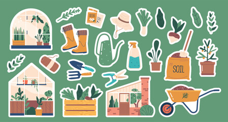 Set Of Stickers, Greenhouse, Gardening Tools, Plant In Pot, Soil Sack, Seeds, And Watering Can, Wheelbarrow, Rope, Boots