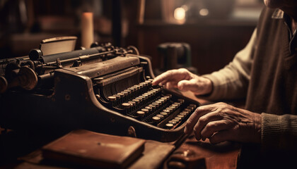 Senior journalist holding old fashioned typewriter, typing memories for editorial generated by AI