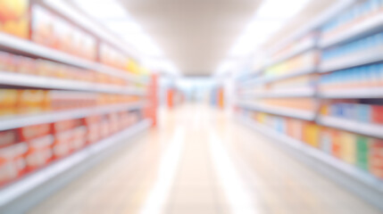 abstract blurred supermarket isle background, blur shopping shelves product display, defocus commercial business warehouse background Ai generated