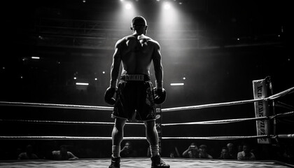 Fototapeta na wymiar Muscular athlete kickboxing in black and white boxing ring determination generated by AI