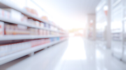 abstract blurred supermarket isle background, blur shopping shelves product display, defocus commercial business warehouse background Ai generated - obrazy, fototapety, plakaty