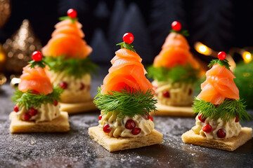 Festive Christmas Tree Canapé with Cucumber Slice, Salmon Pate, and Red Caviar - Created with Generative AI Tools - obrazy, fototapety, plakaty
