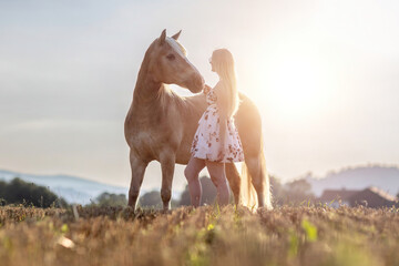 Friendship scene: A young blonde woman spending time with her haflinger horse in summer outdoors during sunset