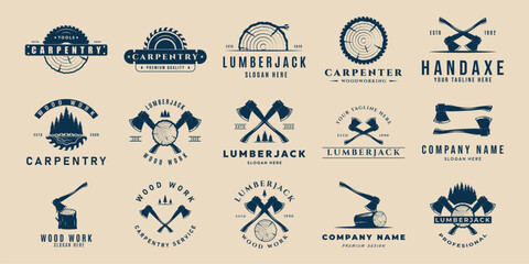 set of carpentry vector logo illustration design, lumberjack logo , axes , wood design template - obrazy, fototapety, plakaty