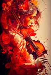 A woman in red clothes and a violin plays against a background of red smoke, watercolor style. AI Generated