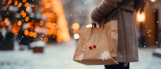 Close up of woman's hand holding craft shopping bags on snowy winter street. Christmas shopping template. Gifts mockup background. Happy New year. Winter promotional sales. Generative ai