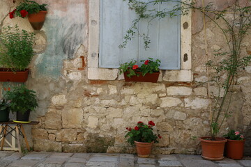 Fototapeta na wymiar Window of Mediterranean houses in town Porec, Croatia. Streets of Porec with colorful building facades in Croatia, Istria. 