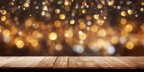 Shiny luxury bokeh christmas festival background, blur glitter snow winter backdrop with empty wooden table top for product display, golden festive new year holiday card with copy space Ai generated - obrazy, fototapety, plakaty