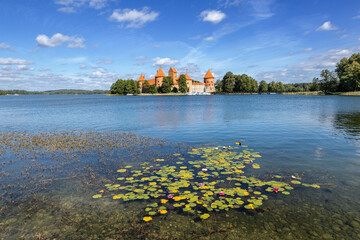 Jezioro na pierwszym planie lilie wodne w tle zamek w Trokach, nad zamkiem błękitne niebo z białymi obłokami.
