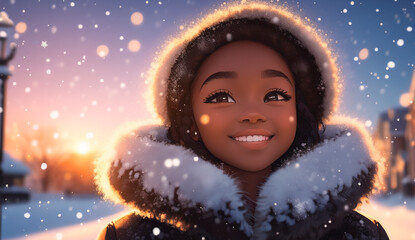 Winter fashion. Portrait of beautiful african american woman in fur coat looking at camera and smiling while standing outdoors