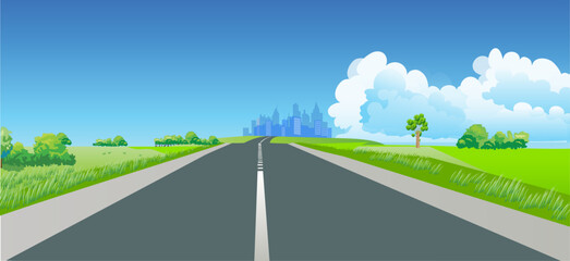 A view of a highway leading to a city that can be seen in the distance. Vector illustration.