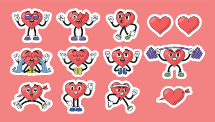 Set Of Stickers with Cartoon Heart Characters, Showcasing A Range Of Emotions, From Love-struck To Heartbroken