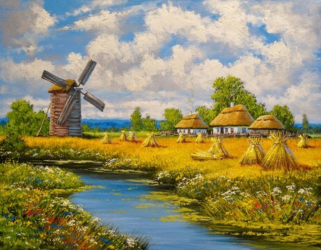 Summer landscape with a house and river.  Oil paintings, old village, rural landscape with windmill. Fine art, artwork.