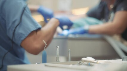 Team of veterinarians during a surgical procedure at the clinic. Slow motion. - Powered by Adobe