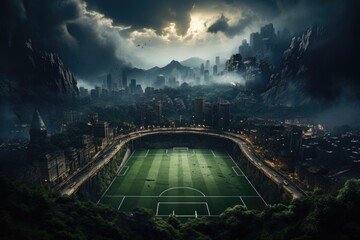 An exhilarating game of football taking place in an unusual and beautiful location