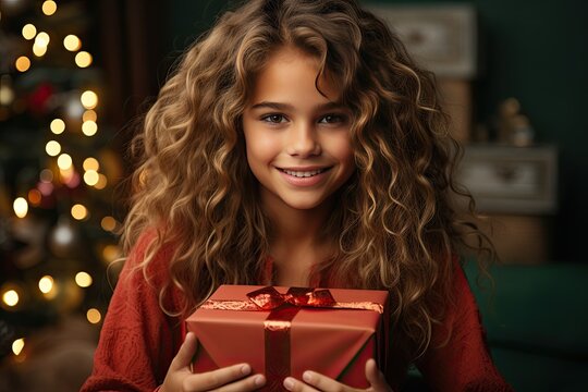 people, holidays, christmas, birthday and celebration concept - Happy little smiling girl with christmas gift box by the Christmas tree in the cozy living room of the house.