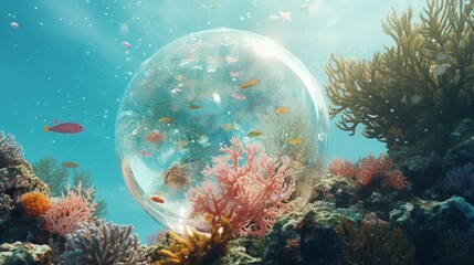 Fototapeta na wymiar A soap bubble floating above a pristine coral reef, showcasing marine biodiversity