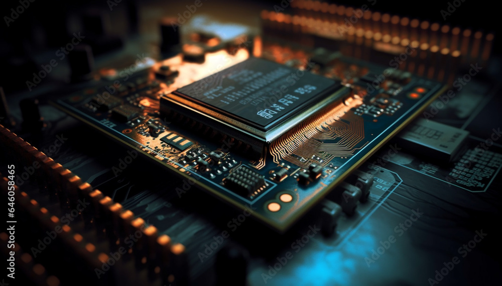 Aufkleber complexity of electronics industry illuminated in close up circuit board generated by ai