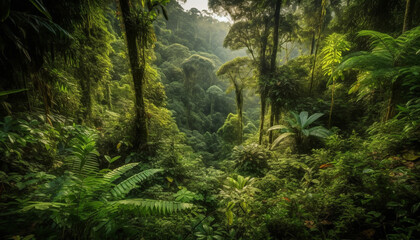Fototapeta premium Tranquil scene of tropical rainforest with green fern and palm tree generated by AI