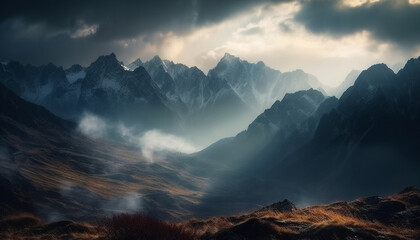 Majestic mountain range, tranquil meadow, and panoramic landscape at dawn generated by AI