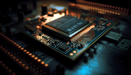 Complexity of electronics industry illuminated in close up circuit board generated by AI