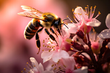Honey bee on a flower, A bee collecting nectar from a blooming flower - obrazy, fototapety, plakaty