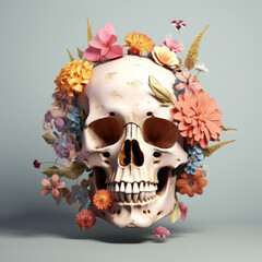 Human skull with colorful flowers. Aesthetic Mexican Day of the Dead (Dia De Los Muertos) or Halloween concept.