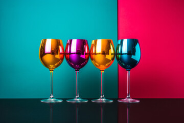 Four colorful chrome glasses in bright and bold colors. Concept of New Year's celebration and alcoholic drink.