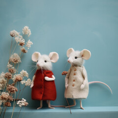 Two little felted wool mice. Concept of folk tales, children's fairy tales, crafts and decoration.