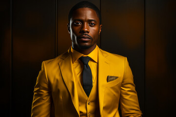 Captivating portrait of a stylish African man, elegantly dressed in chic yellow suit and tie. A compelling mix of sophistication and worldliness.