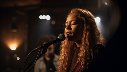 Young adults perform rock music at popular nightclub with stage lighting generated by AI