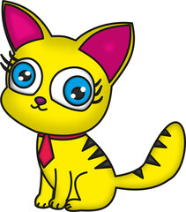 Ilustração de gatinho com gravata, animação, desenho animado, desenho amarelo azul rosa Kitten illustration with tie, animation, cartoon, cartoon yellow blue pink