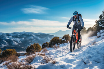 Cyclist riding the bike in the beautiful snowy mountains. Extreme sport and biking concept. - Powered by Adobe