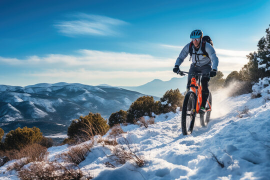 Cyclist riding the bike in the beautiful snowy mountains. Extreme sport and biking concept.