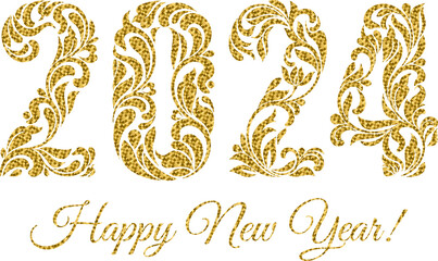 Happy New Year 2024. The figures from a floral ornament with golden glitter